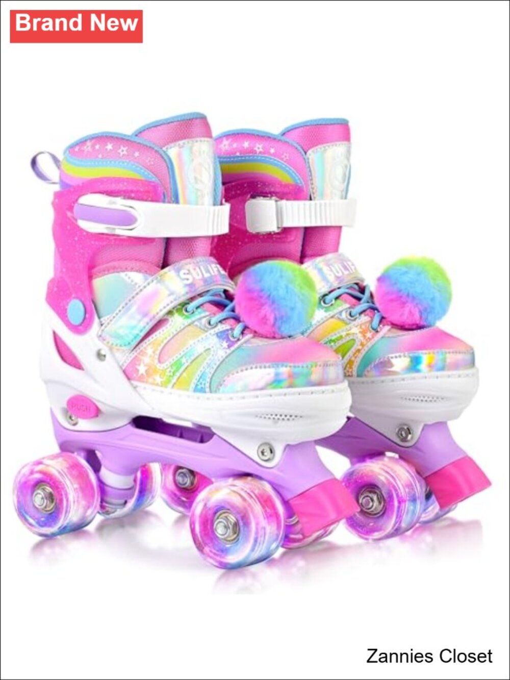 ✨ SULIFEEL Kids Adjustable Roller Skates Light Up Wheels Tie-Dye Pom Poms